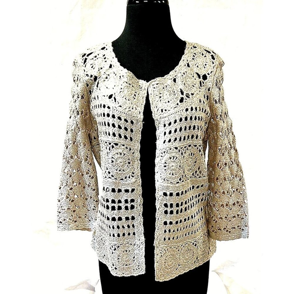 Womens  Chico's Size 1  (8-10) Cardigan Crochet Sweater Gold & Beige Tags